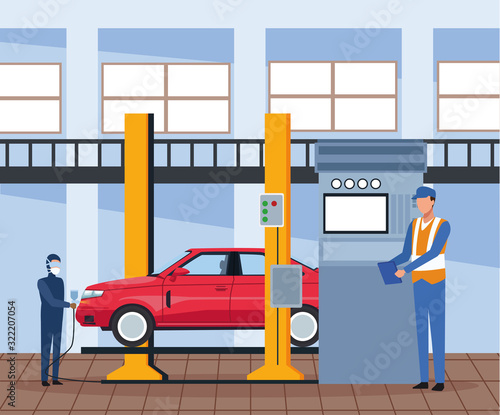 car workshop scenery with man painting red a lifted car and mechanic supervising
