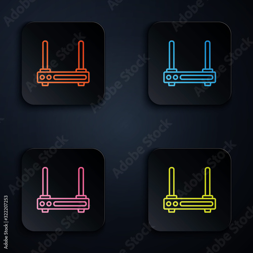 Color neon line Router and wi-fi signal symbol icon isolated on black background. Wireless ethernet modem router. Computer technology internet. Set icons in square buttons. Vector Illustration