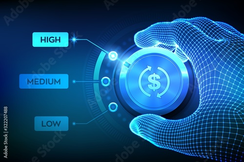 ROI levels knob button. Finance concept illustration of profitability or return on investment. Wireframe hand setting ROI button on highest position. Profit income strategy. Vector illustration.