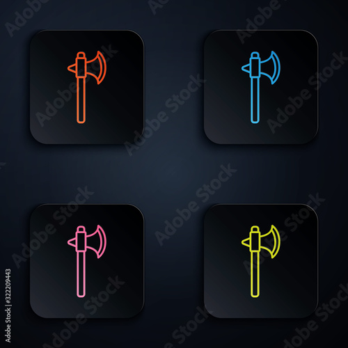 Color neon line Medieval axe icon isolated on black background. Battle axe, executioner axe. Set icons in square buttons. Vector Illustration