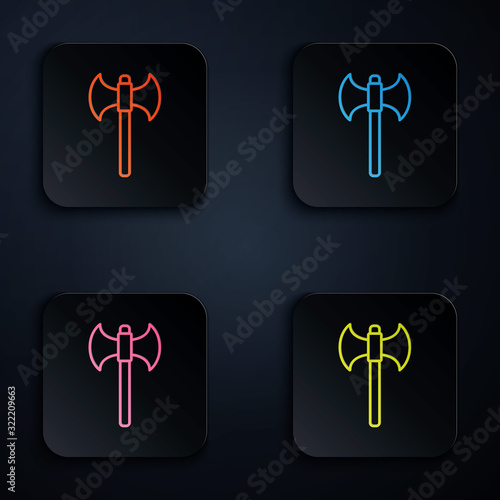 Color neon line Medieval axe icon isolated on black background. Battle axe, executioner axe. Set icons in square buttons. Vector Illustration