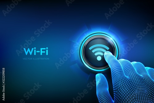 Wi Fi button. Wireless network connection concept. Closeup finger about to press a button. Using free wifi hotspot interface. Wi-fi zone. Just push the button. Vector illustration.
