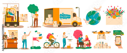 Mail delivery service, courier with parcel and postman with letter, vector illustration. People using postal services, worldwide delivery of mail. Men and women sending and receiving packages by post