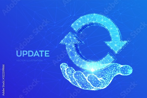 Update or Synchronization icon. Low poly abstract update or sync sign in hand. Processing concept. Can be used for topics like refresh, recycling, reload. 3D polygonal vector illustration.