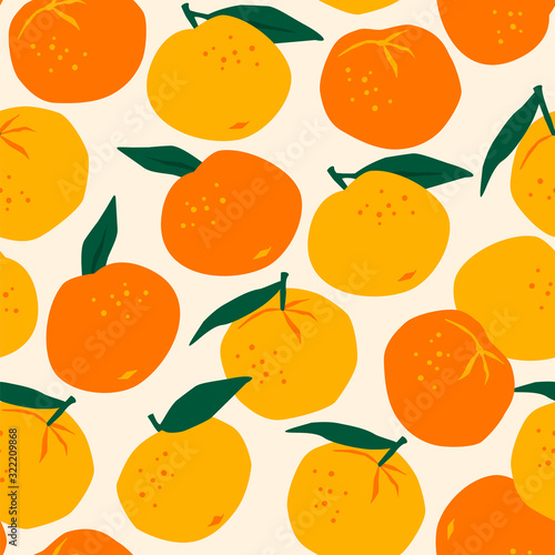 Vector seamless pattern with mandarins. Trendy hand drawn textures