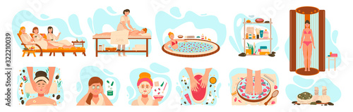 Women in spa center, wellness beauty salon procedures, vector illustration. Professional skin care and body treatment in spa salon, relaxing cosmetic procedures. Woman in luxury wellness center
