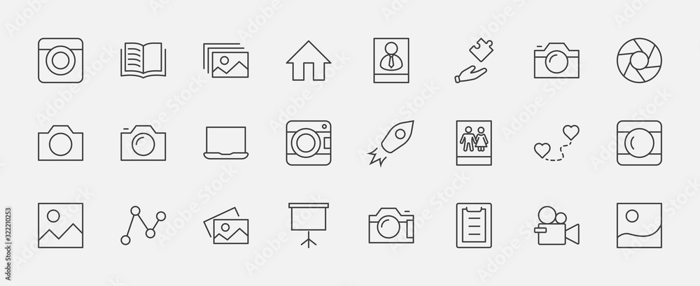 Set of Cameras and photo, vector line icons. Contains symbols of portraits and family photos and much more. Editable Stroke. 32x32 pixels - obrazy, fototapety, plakaty 