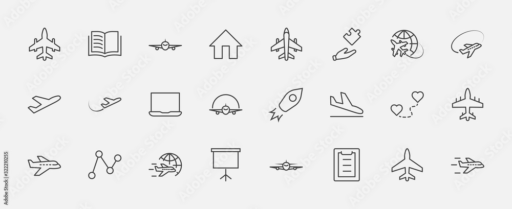 Set of Plane vector line icon. It contains symbols to aircraft, globe and more. Editable Stroke. 32x32 pixels. Set of Plane vector line icon. It contains symbols to aircraft, globe and more. Editable Stroke. 32x32 pixels.
