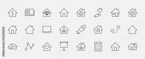 Set of House Vector Home Line Icons. Contains symbols of Conclusion of Contract, Heart, Drop of water, fire, money and more. Editable Stroke. 32x32 pixels.