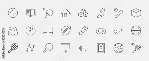 Set of Sports balls, hobbies, entertainment vector line icons. It contains symbols of football, basketball, bowling, tennis and much more. Editable Stroke. 32x32 pixels.