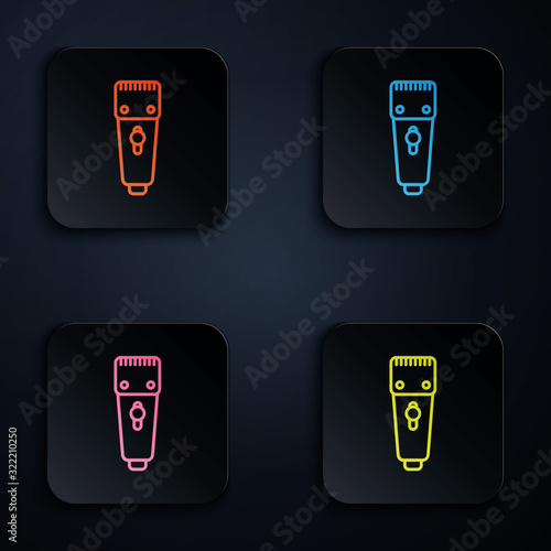 Color neon line Electrical hair clipper or shaver icon isolated on black background. Barbershop symbol. Set icons in square buttons. Vector Illustration