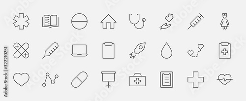 Set of Medicine vector line icons. It contains the first aid kit, nurse, syringe, thermometer, plastic, pills, heart, drop of blood, palpitation and much more. Editable Stroke. 32x32 pixels.