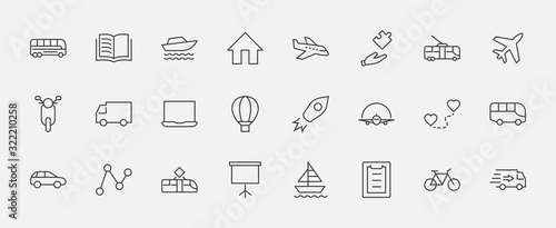 Set of Public Transport Related Vector Line Icons. Contains such Icons as Bus, Bike, Scooter, Car, balloon, Truck, Tram, Trolley, Sailboat, powerboat, Airplane and more. Editable Stroke. 32x32 Pixel