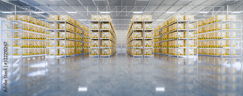 Warehouse or industry building interior. known as distribution center, retail warehouse. Part of storage and shipping system. Included box package on shelf, empty space and concrete floor. 3d render.