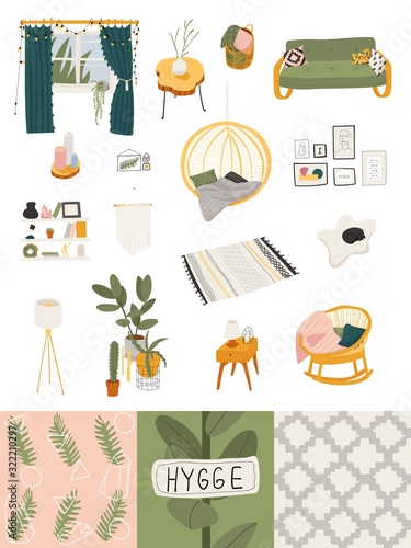 Set of isolated icons in hygge style, cozy Scandinavian home interior, vector illustration. Comfortable furniture and accessories for comfortable living. Hygge lifestyle concept in interior design