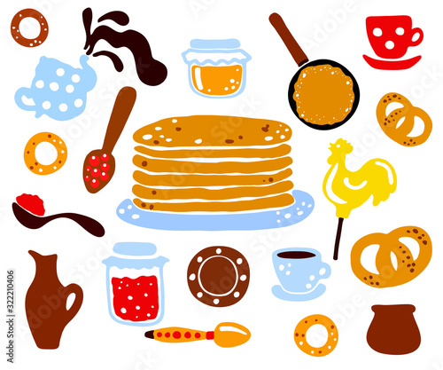Vector set of drawn elements for Maslenitsa