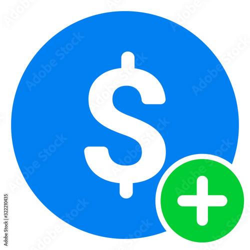 Finance icon with add sign. Finance icon and new, plus, positive symbol. Icon, extra, money, dollar, positive, sign, join, pay, plus, add, addition
