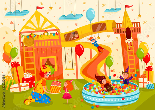 Children birthday party at playground, boys and girls having fun, vector illustration. Happy kids in playroom, clown with birthday cake, children cartoon characters. Kids sliding at playground party