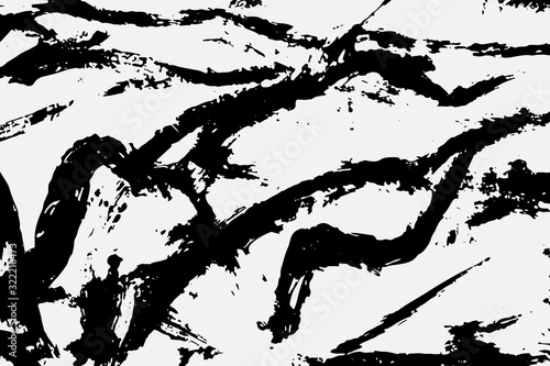 Abstract black white image with long and short intermittent lines made by brush. A monochrome image drawn by hand. Dirty shabby smears of black paint. Vector eps illustration.