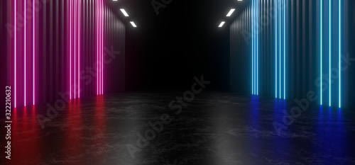 Beautiful composition of colored neon lights on a black background. 3d rendering image. © Andrey Shtepa