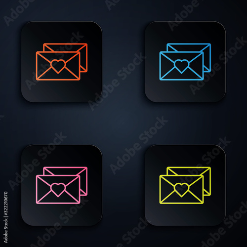 Color neon line Envelope with Valentine heart icon isolated on black background. Message love. Letter love and romance. Set icons in square buttons. Vector Illustration