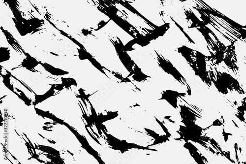 Abstract black white image with long and short intermittent lines made by brush. A monochrome image drawn by hand. Dirty shabby smears of black paint. Vector eps illustration.