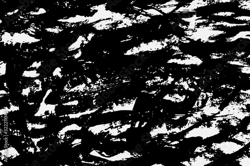 Abstract black white image with long and short intermittent lines made by brush. A monochrome image drawn by hand. Dirty shabby smears of black paint. Vector eps illustration.