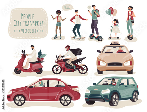 People using different kinds of transport, set of cartoon characters, vector illustration. Teenager riding skateboard and roller skaters, adult men and women driving car and bike. Modern transport set