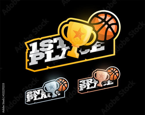 Basketball or streetball Victory competition set Typography sport ball and cup in retro style emblem vector concept with golden, silver and bronze cup trophies. Championship prize. Triumph in sports.