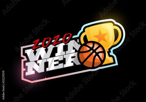 Winner 2020 basketball vector logo. Modern professional Typography sport basketball ball and cup in retro style vector emblem and template logotype design. streetball colorful logo
