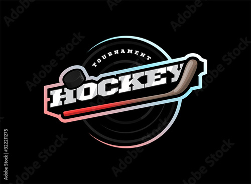 Hockey sport logo. Modern professional sporty hockey championship or tournament Typography in retro style with stick and puck. Vector design emblem, badge and sporty template logotype design