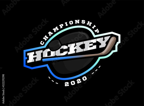 Hockey sport logo. Modern professional sporty hockey championship or tournament Typography in retro style with stick and puck. Vector design emblem, badge and sporty template logotype design