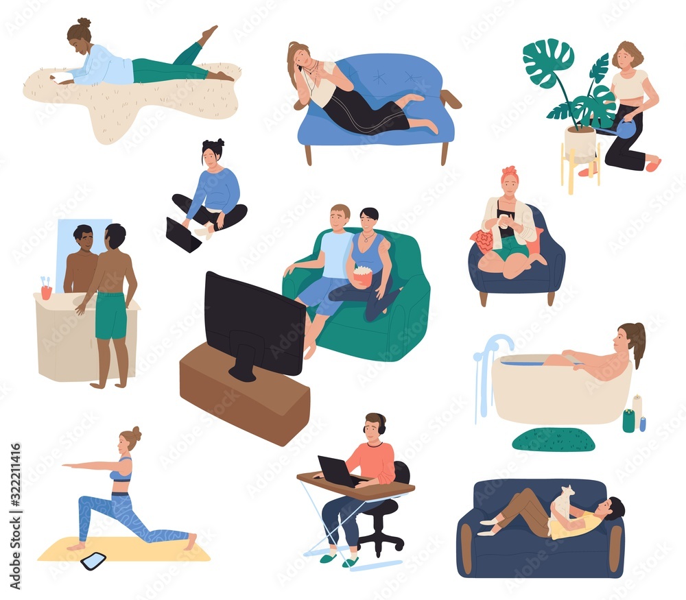 Home leisure, people resting on couch after work, vector illustration. Men and women spending time at home, reading books, watching tv, relaxing. Set of hand drawn cartoon characters, weekend leisure