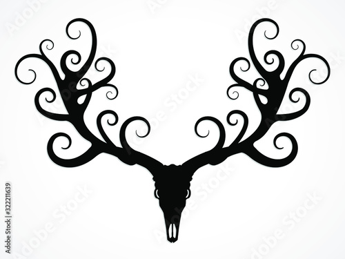 silhouette deer skull with ornamental fantasy antlers