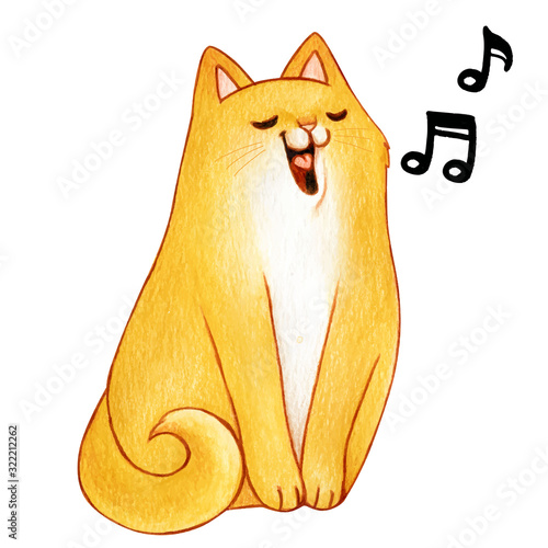 Cute watercolor ginger kitten singing