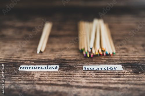 Photos minimalist vs hoarder lifestyle, 2 tidy pencils vs messy group of all colors