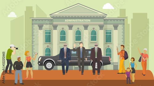 Politician public figure on administration government building facade background vector illustration. Man administration representative greetings people. Bodyguards, car. Passersby take pictures. photo