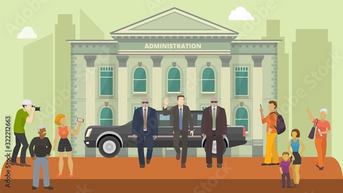 Politician public figure on administration government building facade background vector illustration. Man administration representative greetings people. Bodyguards, car. Passersby take pictures.