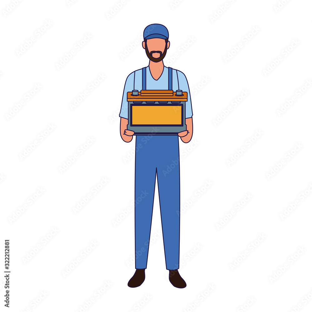 car mechanic holding a battery, colorful design car mechanic holding a battery, colorful design