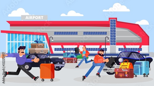 Running businessmen in front of airport terminal building facade vector illustration. Business people with briefcases after air trip rushing to work among luggage and cars. © creativeteam