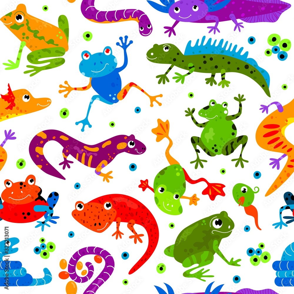 Seamless pattern wild cute cartoon animal flat isolated vector illustration. Amphibians reptiles lizard frog snake gecko varan triton characters decoration white background set. Seamless pattern wild cute cartoon animal flat isolated vector illustration. Amphibians reptiles lizard frog snake gecko varan triton characters decoration white background set.