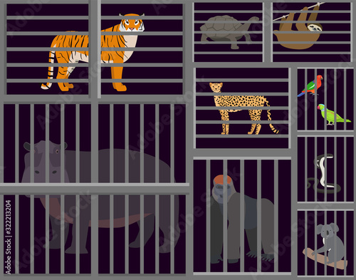 Wild animals beasts captured in cages vector illustration. Sad animals tiger, hippopotamus, cheetah, gorilla, sloth, turtle, koala, cobra snake, parrots birds caged in zoo cells.