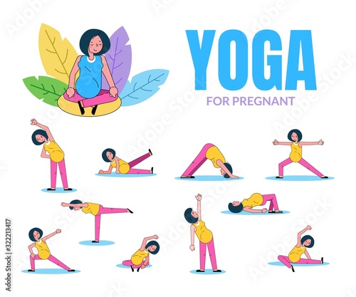 Yoga for pregnant women vector illustration. Girl doing yoga set collection isolated. Asana lotus position, tilts, stretching. Healthy activity for pregnant gymnastics, pilates, fitness.