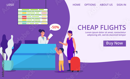 Cheap airline tickets sale, people fly with discount vector illustration website internet banner. Happy woman with child and suitcase luggage at airport. Smiling girl staff at counter.