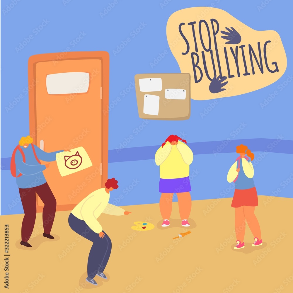 Stop bullying in school vector illustration, teens classmates aggression. Bully and victims children boys and girls pupils in school corridor. Cruelty, mockery and tease.