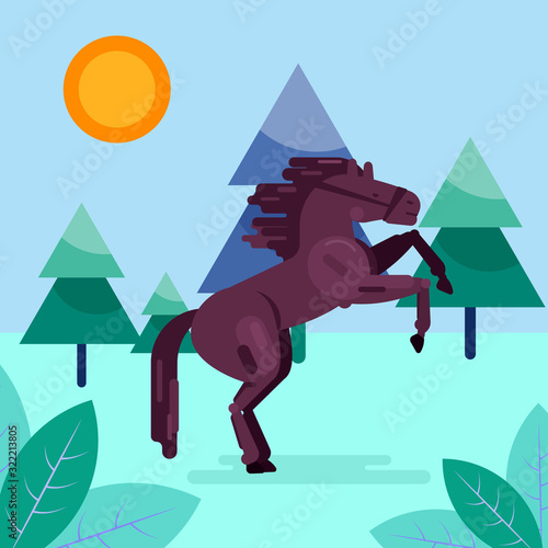 Antique image of stallion horse ancient Greek or Roman art design vector illustration flat style. Horse wild animal in harness reared outdoors. Nature, field, trees, sun.