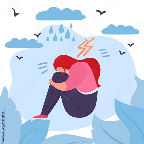 Depressed woman vector illustration. Sad stressed lonely unhappy young girl or teenager sitting with her face buried in knees. Bad weather, thunder, clouds, lightning and rain.