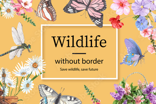 Insect and bird frame design with butterfly, dragonfly, flowers watercolor illustration.