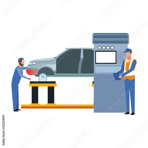 car mechanics supervising a lifted car and scanner machine, colorful design