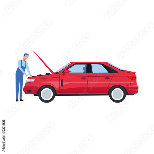 car mechanic fixing a red car